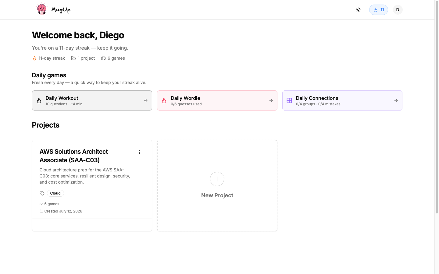 The MugUp dashboard showing a study deck, a learning streak, and daily games