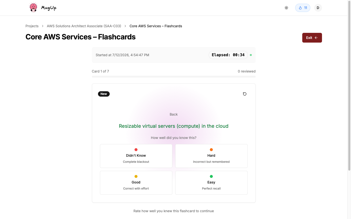Flashcards with spaced-repetition self-rating in MugUp