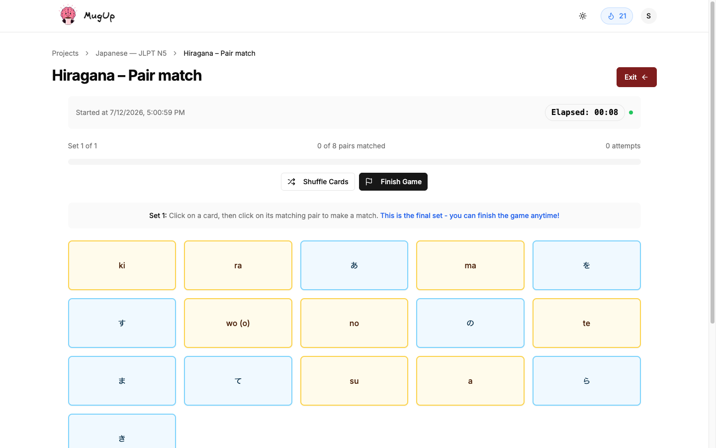 A matching-pairs game in MugUp