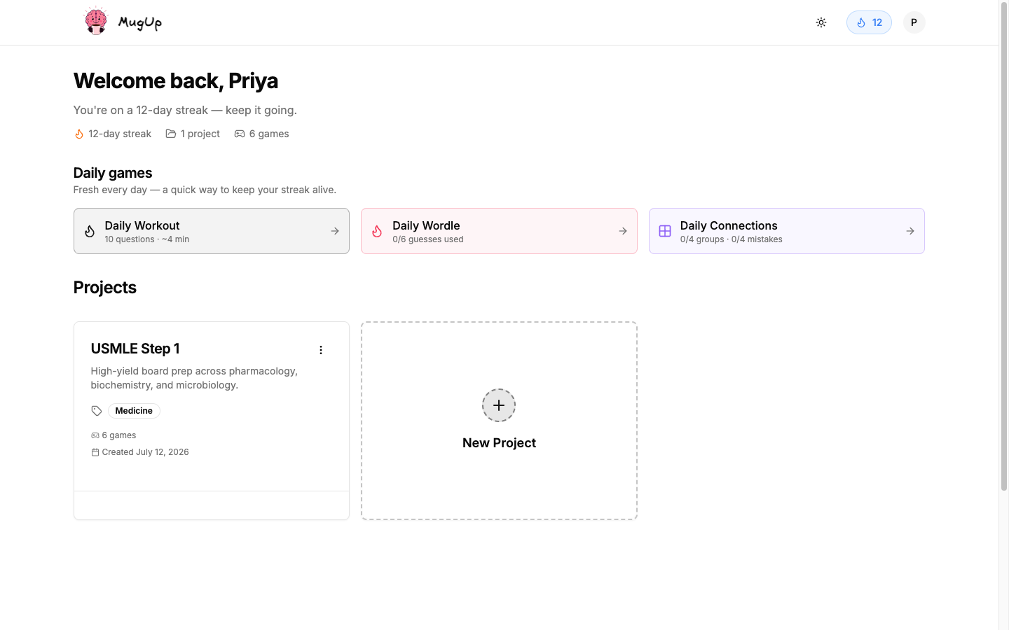 The MugUp dashboard for a USMLE Step 1 study plan