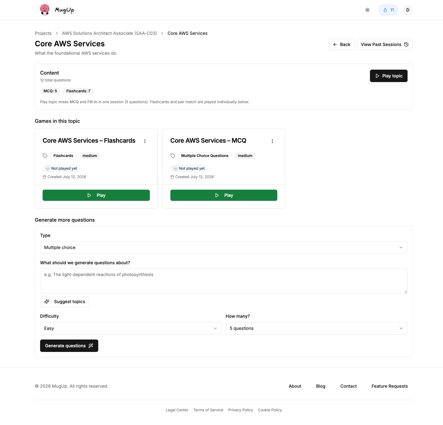 Turning a topic into practice questions with AI in MugUp